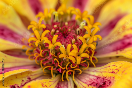 Full Close-up of Lemon Zinnia Flower with Red and Pink Stripes