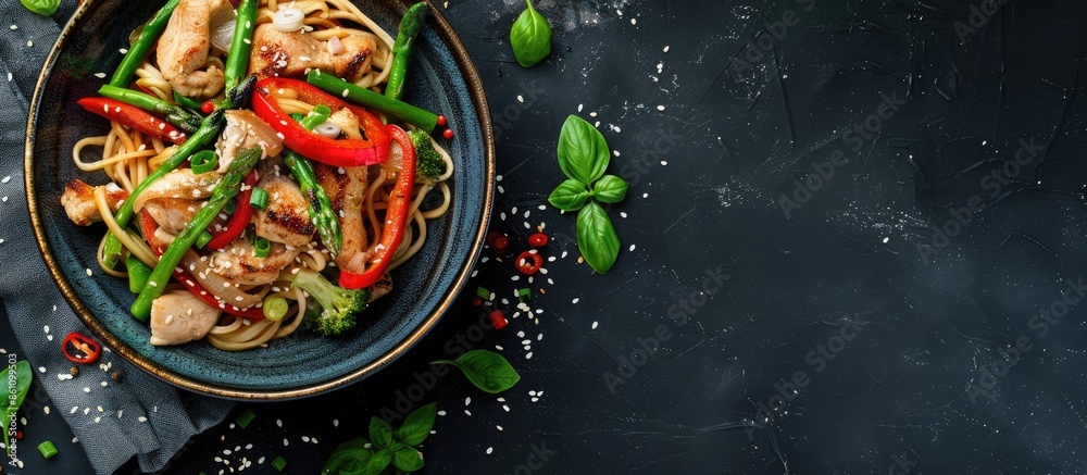 Tasty dish of Asian cuisine with rice noodles, chicken, asparagus, pepper, sesame seeds and soy sauce on dark concrete background. Copy space image. Place for adding text or design Tasty dish of Asian cuisine with rice noodles, chicken, asparagus, pepper, sesame seeds and soy sauce on dark concrete background. Copy space image. Place for adding text or design