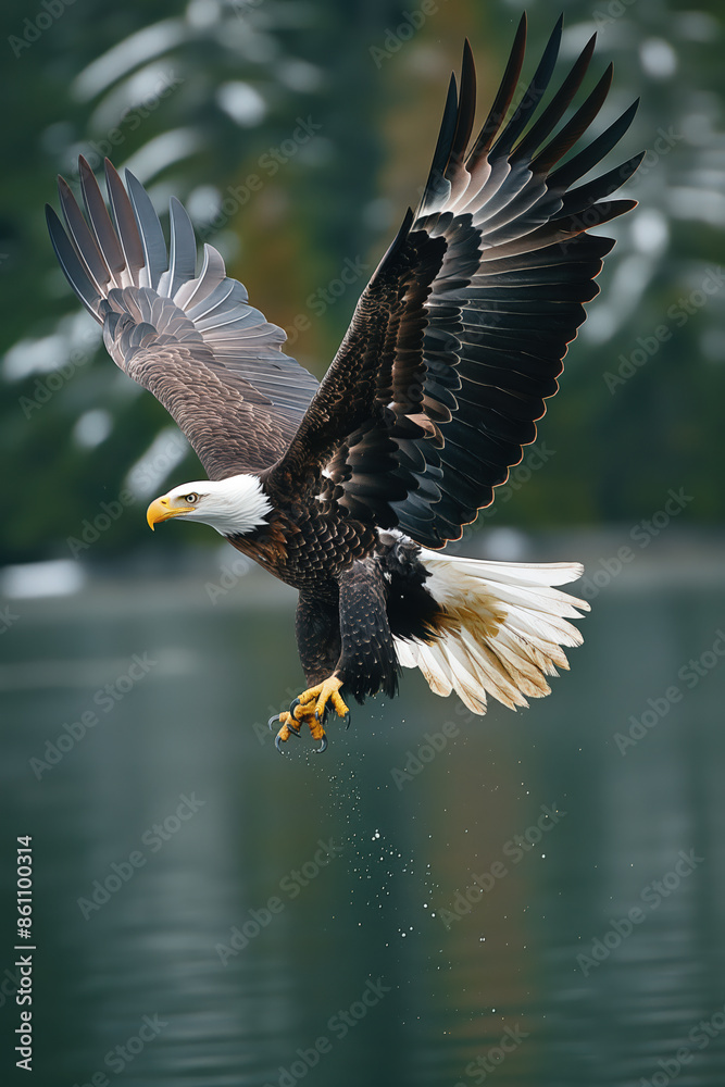 Fototapeta premium Majestic bald eagle flying low over water catching prey