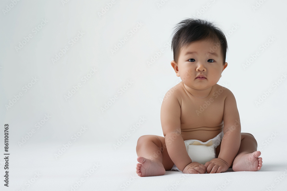 cute one year old Asian baby in a white diaper on a white background. cute one year old Asian baby in a white diaper on a white background.