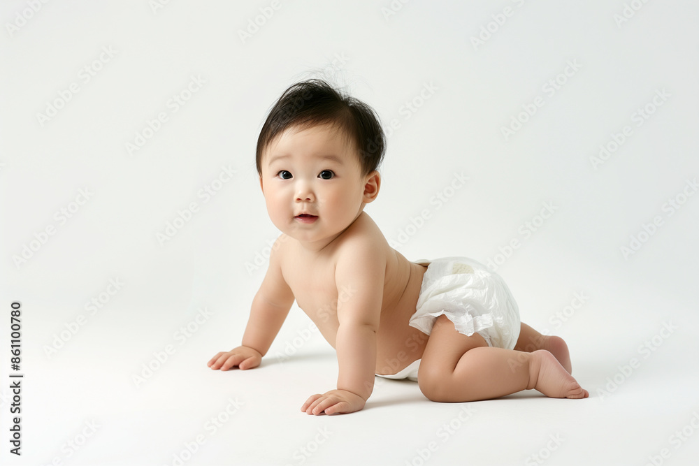 cute one year old Asian baby in a white diaper on a white background. cute one year old Asian baby in a white diaper on a white background.
