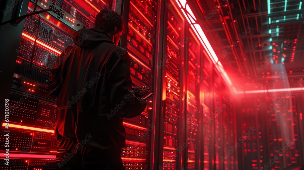 photo illustration of A tech professional servicing a data center rack, server room, security, networking, server room, security, minning crypto. 2:1 photo illustration of A tech professional servicing a data center rack, server room, security, networking, server room, security, minning crypto. 2:1