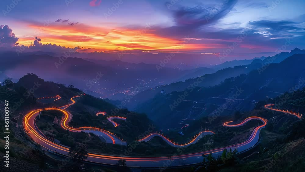 Serpentine road through mountains with vibrant vehicle light trails and ...
