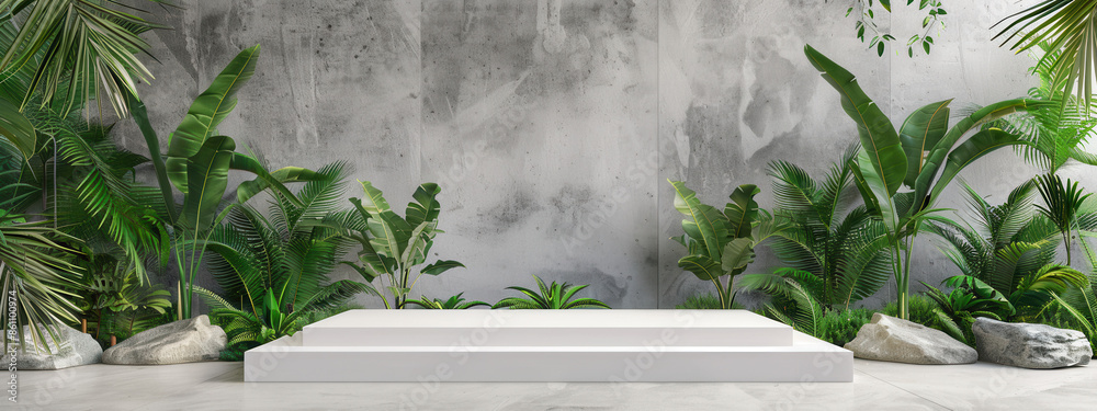 Background podium 3D, Rectangle of Contemporary White Podium Stage Rack front view focus with Green Stone and Tropical Leaves Background, Background podium 3D, Rectangle of Contemporary White Podium Stage Rack front view focus with Green Stone and Tropical Leaves Background,