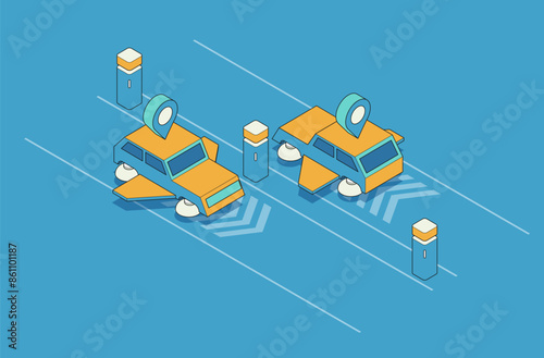 Smart car technology illustration, isometric style. Driverless or self driving car at road. Futuristic autonomous vehicle remote sensing system.