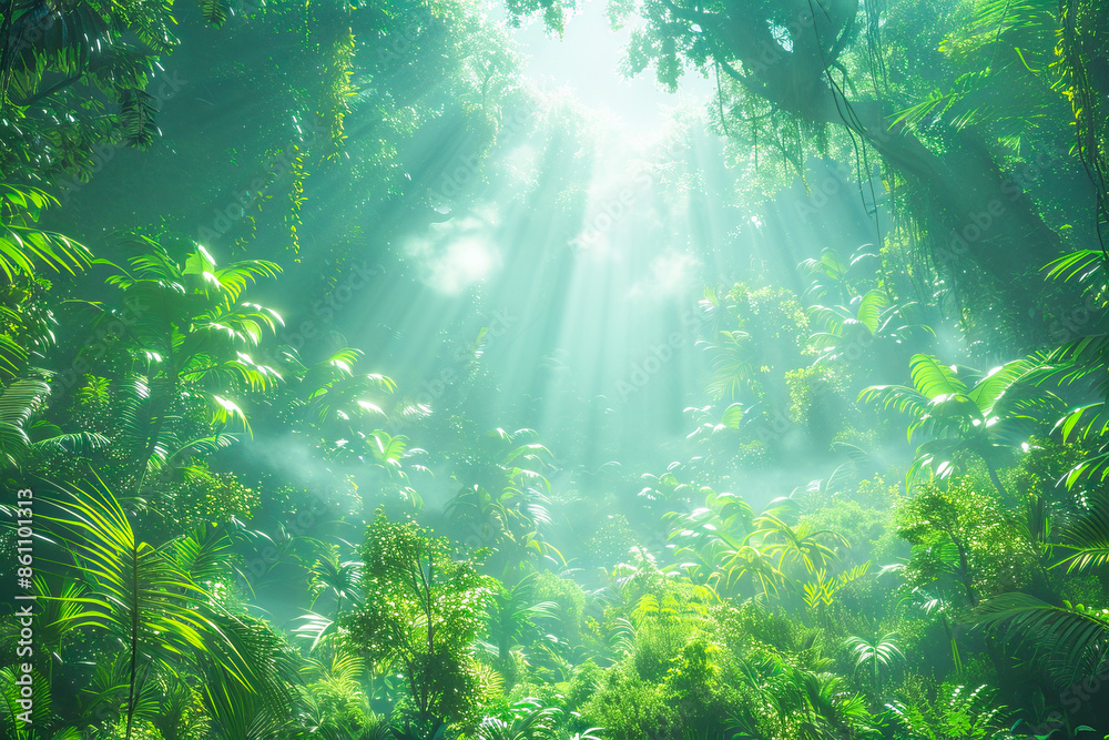 Fototapeta premium Sunlight is shining through the lush canopy of a tropical forest