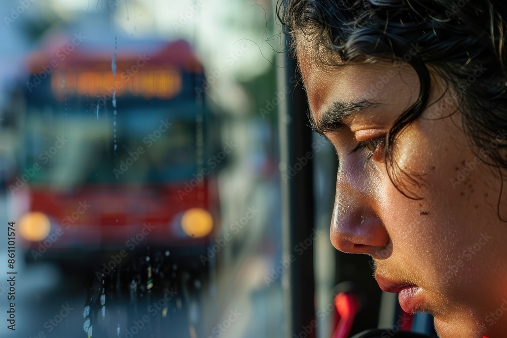 Disappointed person missing bus with bus pulling away in background