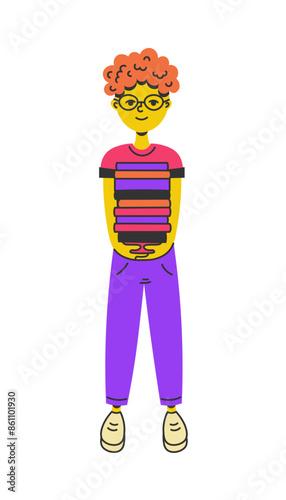Cute young Man in Glasses Holding Stack of Books.Redheaded smart boy posing with literature novels. Library Bookshop Studying University Knowledge concept. flat design. Vector illustration