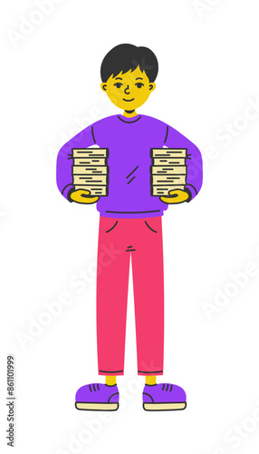 Young Man holding Stacks of Books in two hands. Cute smart boy standing and posing with literature novels. Modern cartoon  flat design. Vector illustration.