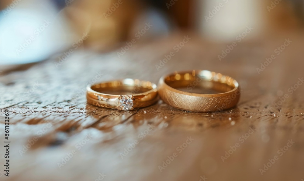 Close-up of wedding rings on a rustic wooden table with a soft background Close-up of wedding rings on a rustic wooden table with a soft background