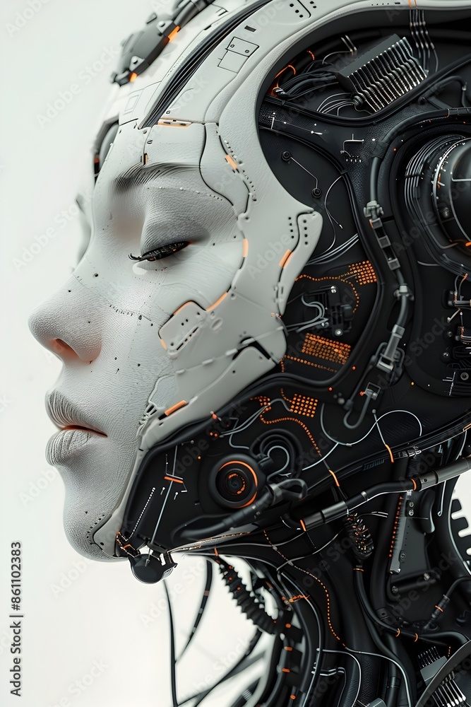 Breathtaking High-Contrast Portrait of a Captivating Cyborg Woman with Intricate Robotic Features in a Futuristic Studio Setting