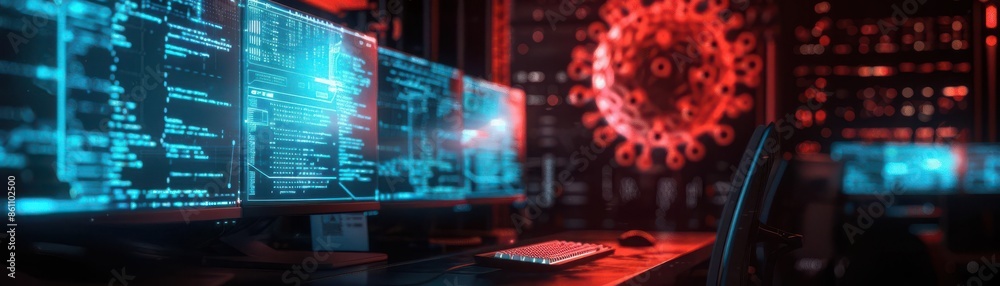 Cybersecurity dashboard on multiple monitors with a virtual virus symbol highlighting threat analysis in a dark, high-tech environment. Cybersecurity dashboard on multiple monitors with a virtual virus symbol highlighting threat analysis in a dark, high-tech environment.
