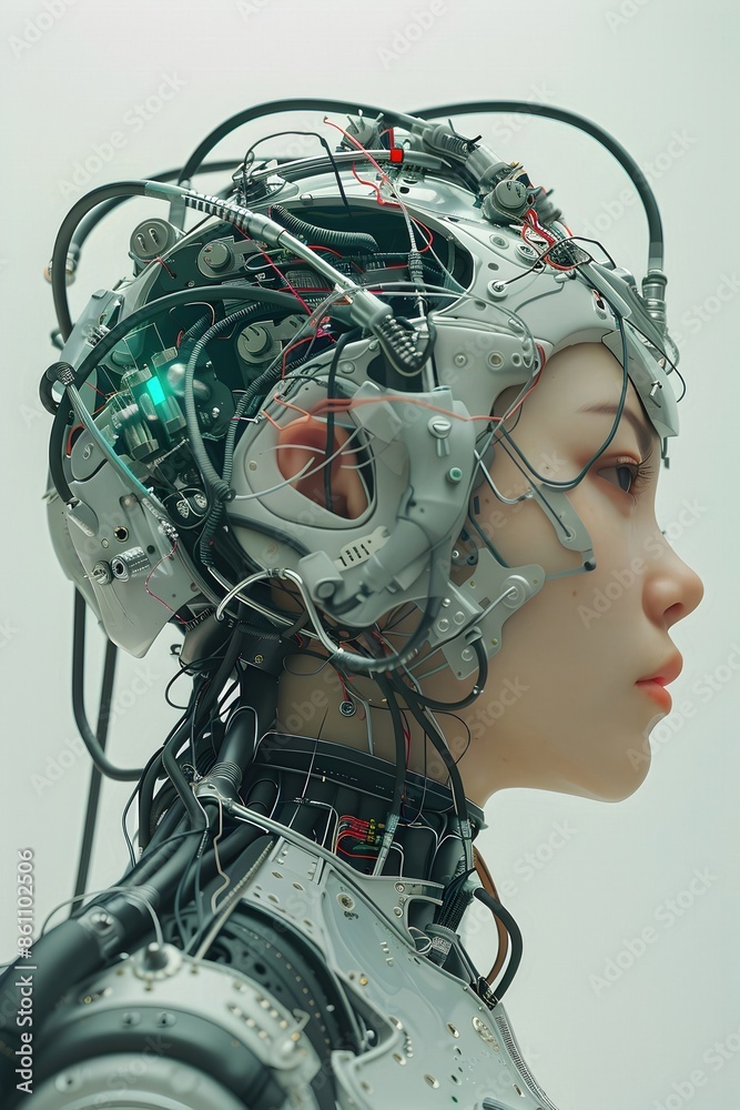 Fototapeta premium Captivating Cyborg Woman in Futuristic Portrait with Mesmerizing High-Tech Circuits and Cables