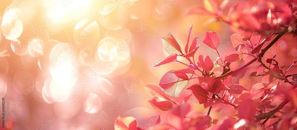 Blur background of tree with sun flare in light sweet pink red leaves, valentines love seasonal greeting celebration. Copy space image. Place for adding text or design Blur background of tree with sun flare in light sweet pink red leaves, valentines love seasonal greeting celebration. Copy space image. Place for adding text or design