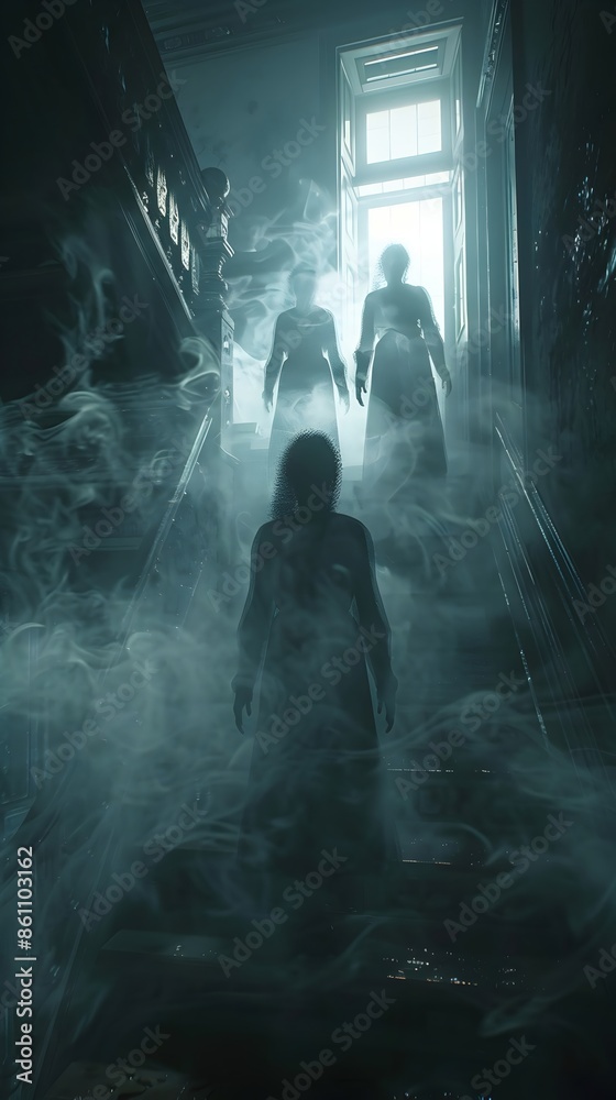 Ethereal Entities Drifting Through the Hazy Atmosphere of a Derelict Mansion