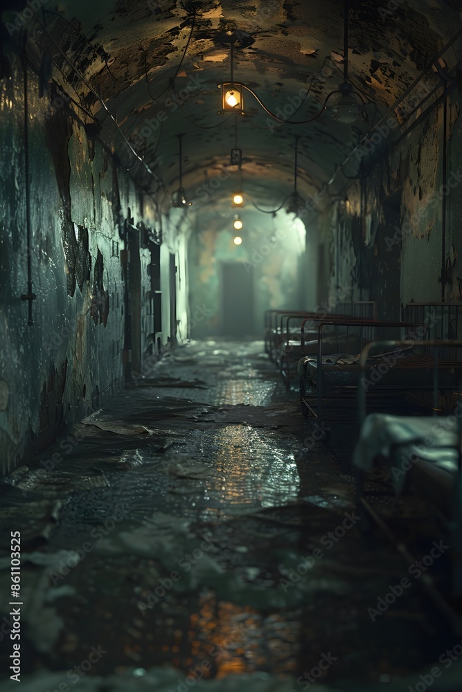 Haunting Echoes:Abandoned Sanitarium's Eerie Hallway Shrouded in Surreal Decay Haunting Echoes:Abandoned Sanitarium's Eerie Hallway Shrouded in Surreal Decay