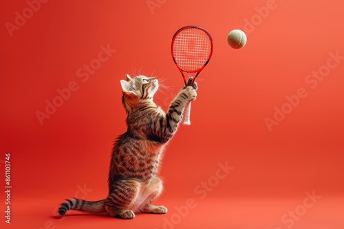 A cat is playing with a tennis ball and racket photo