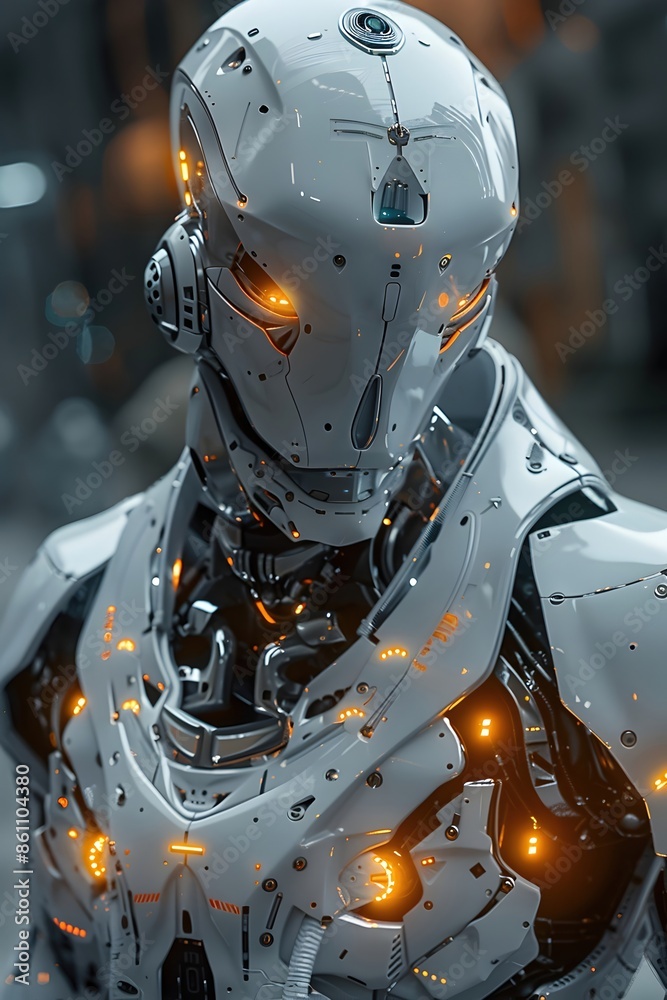 Sleek Cyborg Sentinel in Retro-Futuristic Mecha Hangar with Glowing Energy Conduits and Tactical Augmentations