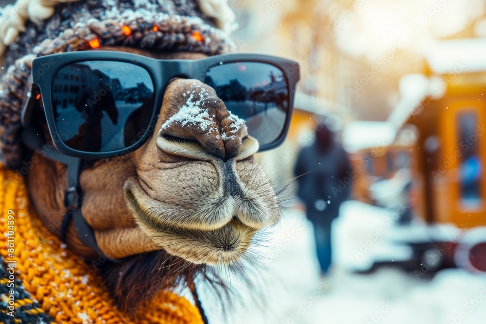 Close-up of a camel wearing sunglasses and a scarf in winter setting Close-up of a camel wearing sunglasses and a scarf in winter setting