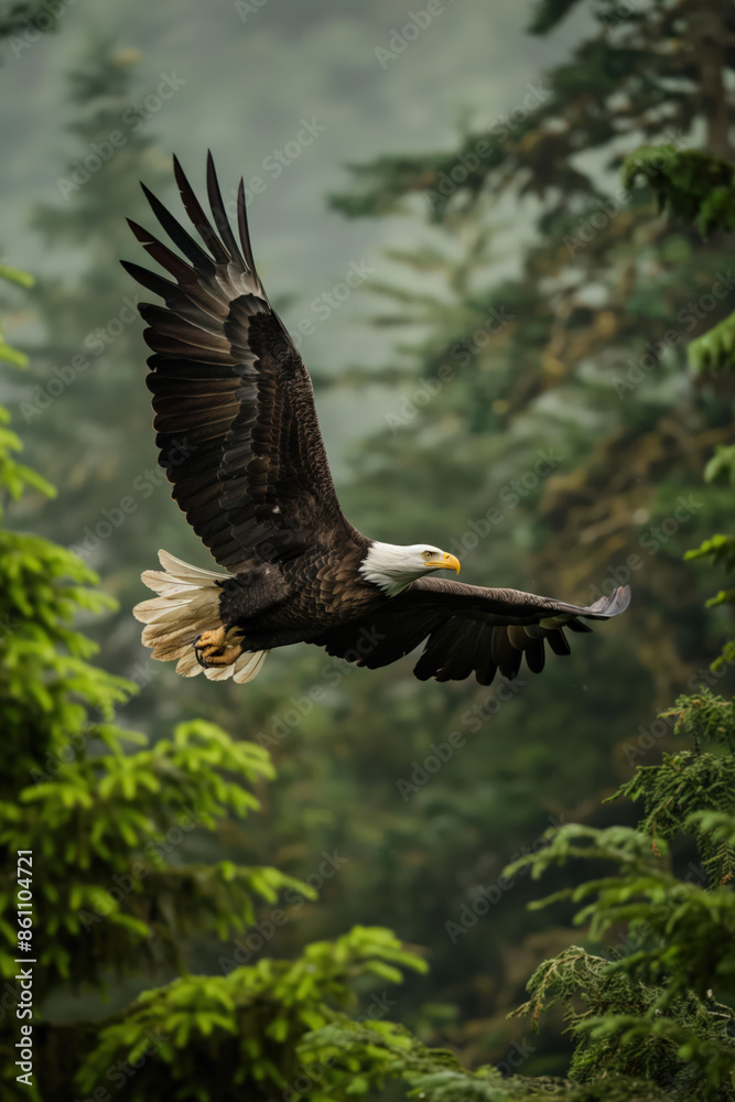 Fototapeta premium Majestic bald eagle soaring through lush green forest