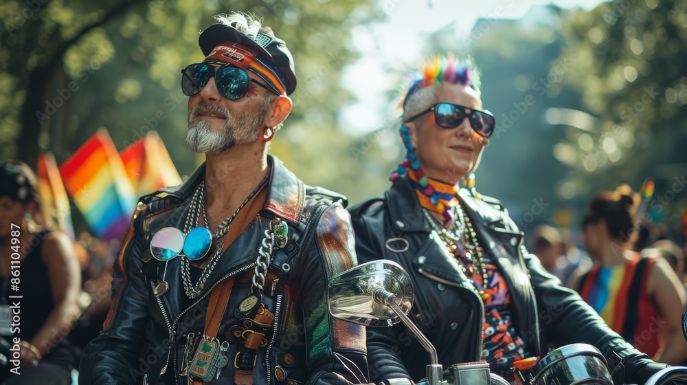 Unity in Diversity: Leather Biker Couple at a Pride Rally in City Park Unity in Diversity: Leather Biker Couple at a Pride Rally in City Park