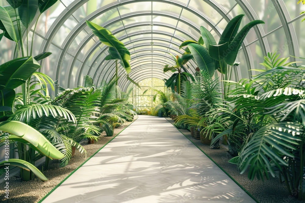 A long hallway with many plants and a lot of sunlight A long hallway with many plants and a lot of sunlight