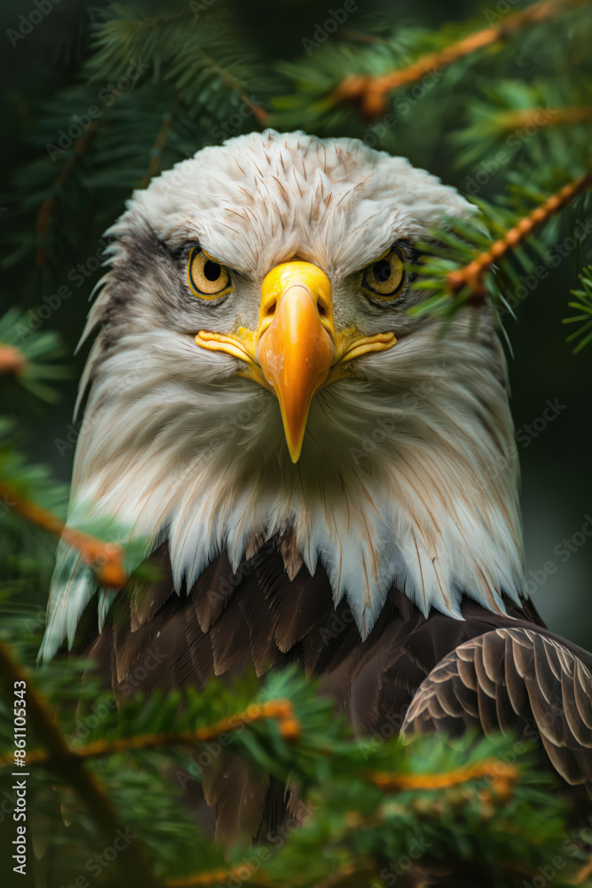 Obraz premium Majestic bald eagle staring through evergreen tree branches