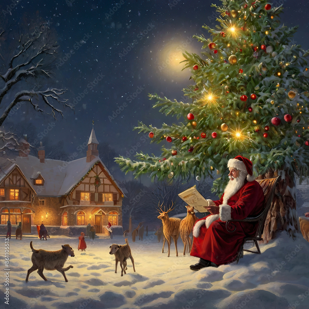 Naklejka premium santa claus and their christmas tree