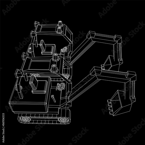Heavy equipment excavator machine manufacturing power equipment for open pit mining. Wireframe low poly mesh vector illustration