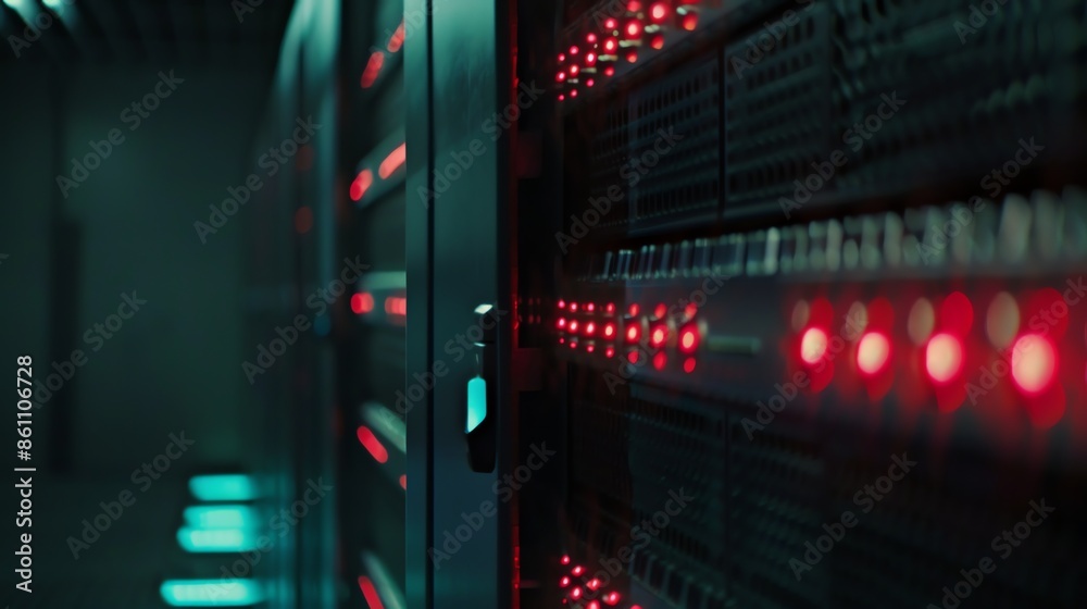 photo illustration of server rack in a data center , security, networking, hacking. 16:9 photo illustration of server rack in a data center , security, networking, hacking. 16:9