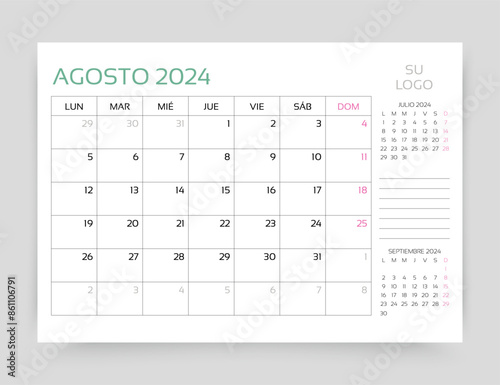August 2024 year calendar in Spanish. Planner calender template. Week starts Monday. Desk monthly organizer. Table schedule grid. Timetable layout. Corporate diary. Vector illustration. Paper size A5