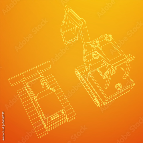 Heavy equipment excavator machine manufacturing power equipment for open pit mining. Wireframe low poly mesh vector illustration