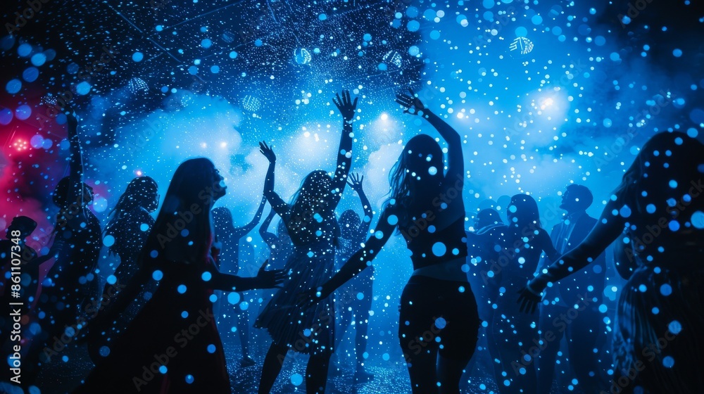 Vibrant Party Scene with Dancing Silhouettes Against a Glittering Blue Background, Capturing the Energetic Atmosphere of a Lively Crowd
Vibrant Party Scene with Dancing Silhouettes Against a Glittering Blue Background, Capturing the Energetic Atmosphere of a Lively Crowd