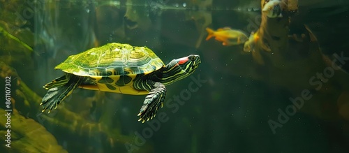 Domestic red eared turtle, Trachemys scripta in aquarium. Pond slider swimming in water. Famous fresh water tortoise for aquarium hobby. Aquatic organism, underwater life, aquarium pet
