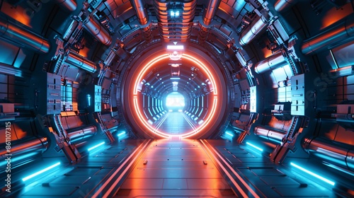 a high-tech energy portal set in a metallic corridor of a spaceship, ideal for futuristic virtual reality experiences