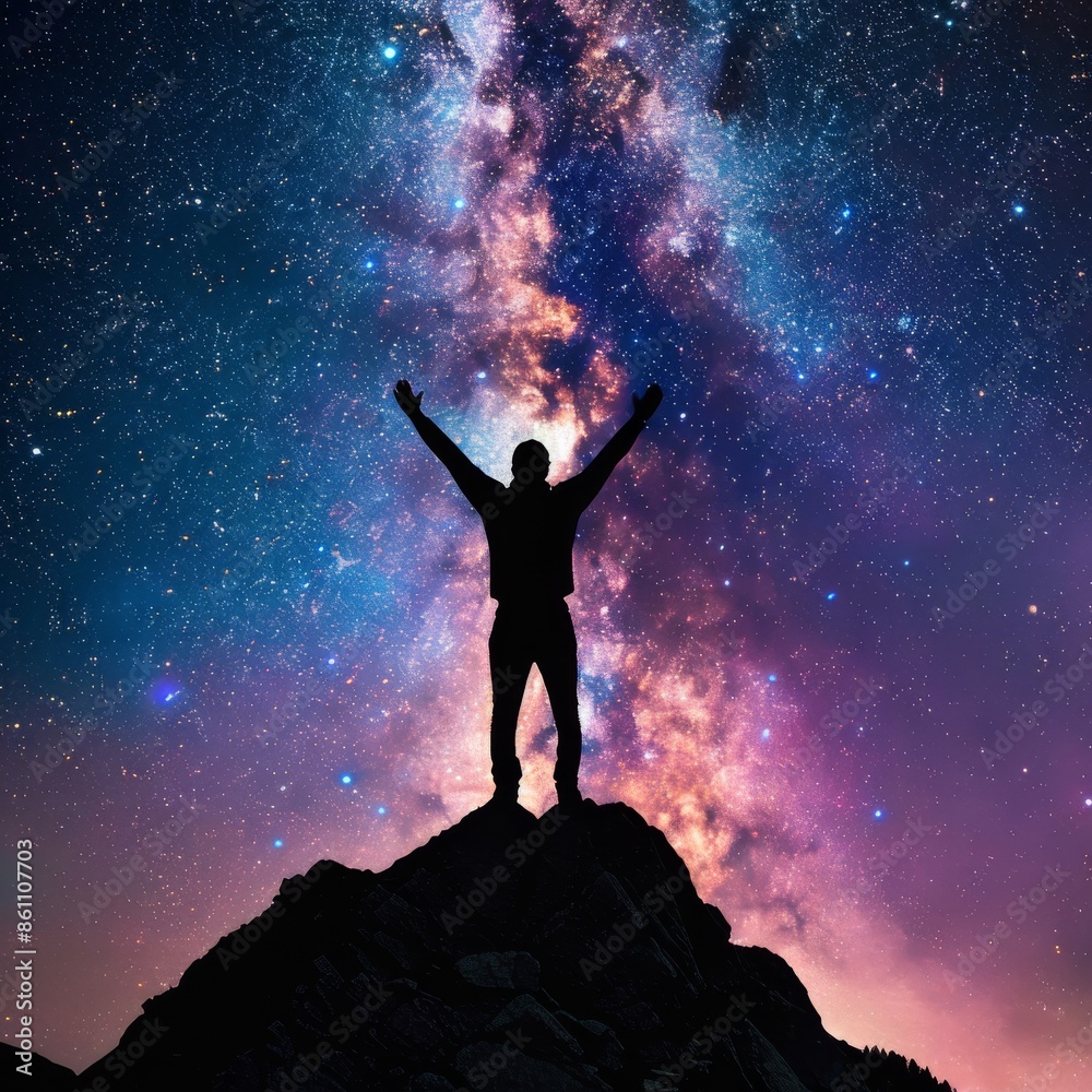 An individual is standing on top of a hill next to the Milky Way galaxy with his hands raised in the air. An individual is standing on top of a hill next to the Milky Way galaxy with his hands raised in the air.