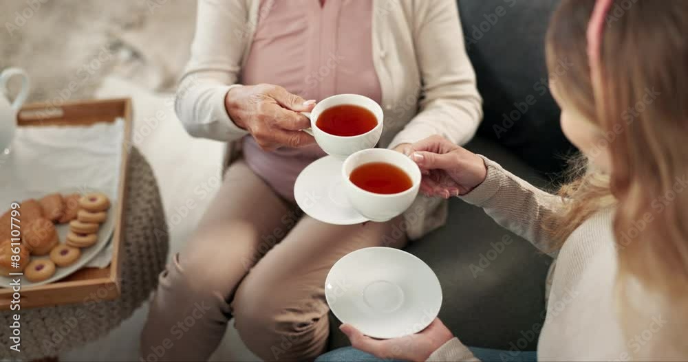 Tea cup, cheers and drink for woman in home, living room and bonding on weekend and relax. Toast, warm coffee or beverage with snacks, elderly female people or biscuits for breakfast in nursing house