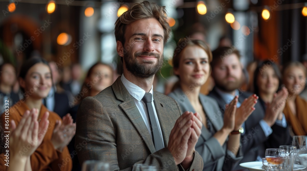 A group of people applauds a colleague's presentation during a corporate meeting after a fascinating presentation in a professional business meeting. Female and male employees are thanking the A group of people applauds a colleague's presentation during a corporate meeting after a fascinating presentation in a professional business meeting. Female and male employees are thanking the