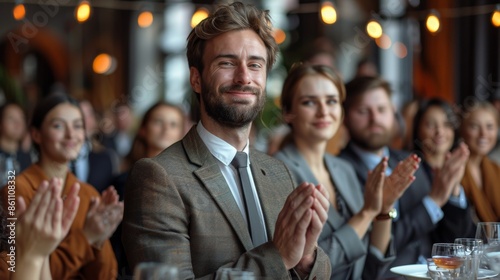 A group of people applauds a colleague's presentation during a corporate meeting after a fascinating presentation in a professional business meeting. Female and male employees are thanking the