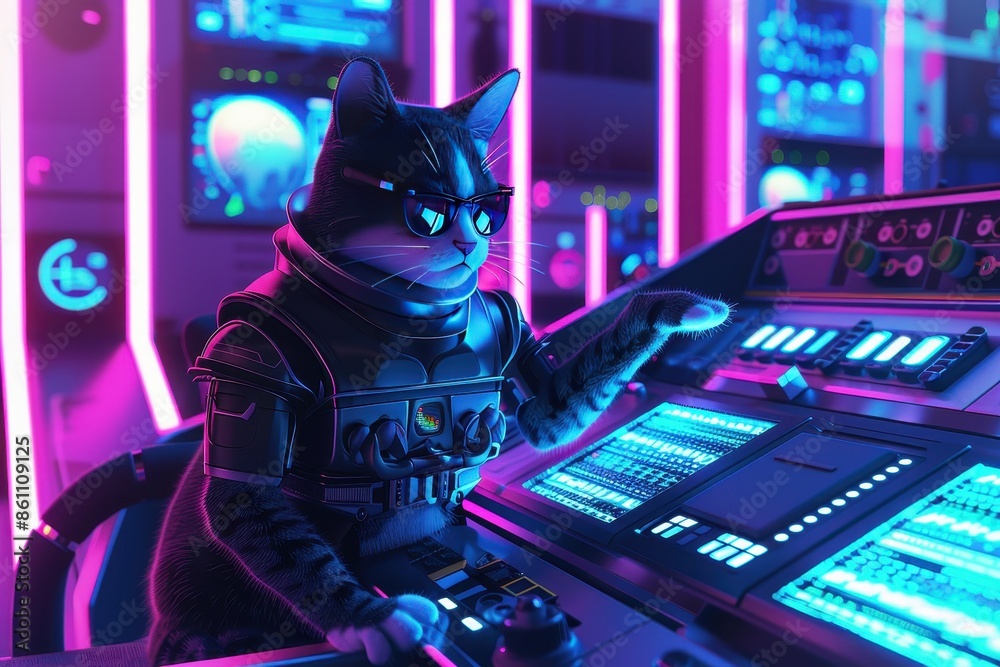 Fototapeta premium A robot cat is sitting at a computer keyboard
