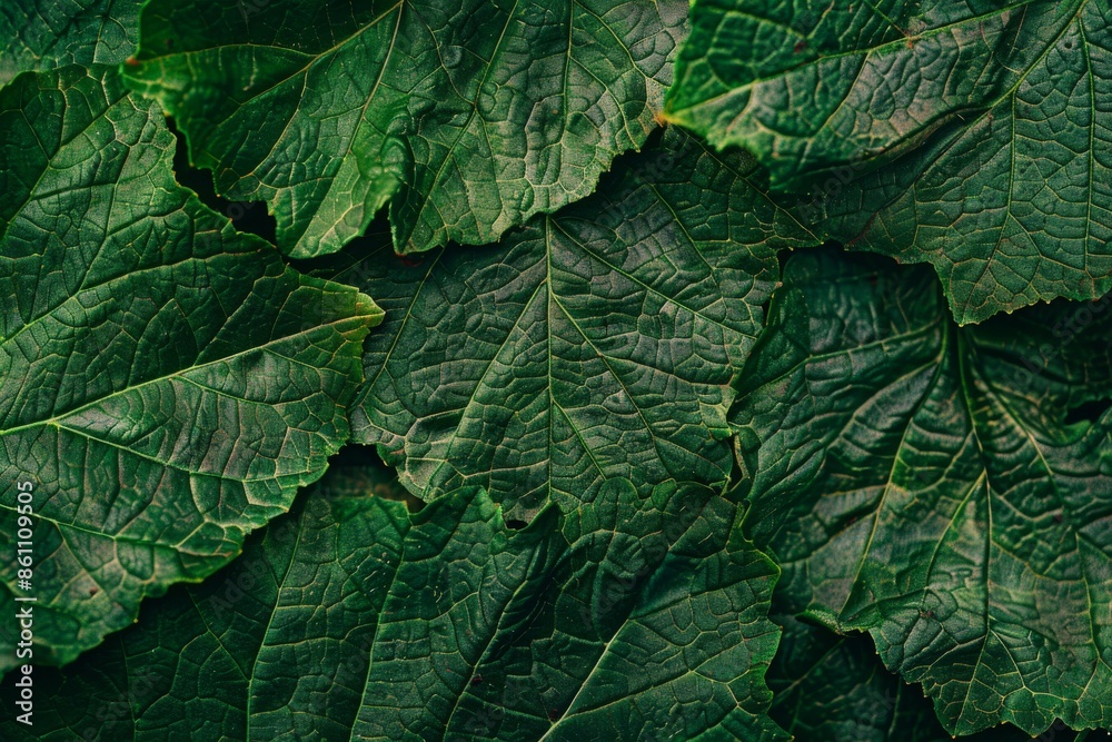 The background is an abstract green striped nature background with a vintage tone. A green textured leaf of the plant sits on it. The background is an abstract green striped nature background with a vintage tone. A green textured leaf of the plant sits on it.