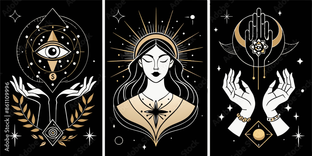 Fototapeta premium Three posters of a woman, an allseeing eye, and a hand. The collection includes three posters featuring a woman, an allseeing eye, and a hand. The designs are influenced by symmetry, monochrome colors