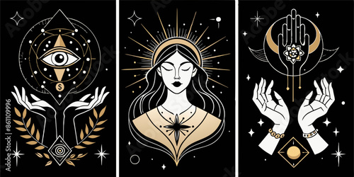 Three posters of a woman, an allseeing eye, and a hand. The collection includes three posters featuring a woman, an allseeing eye, and a hand. The designs are influenced by symmetry, monochrome colors