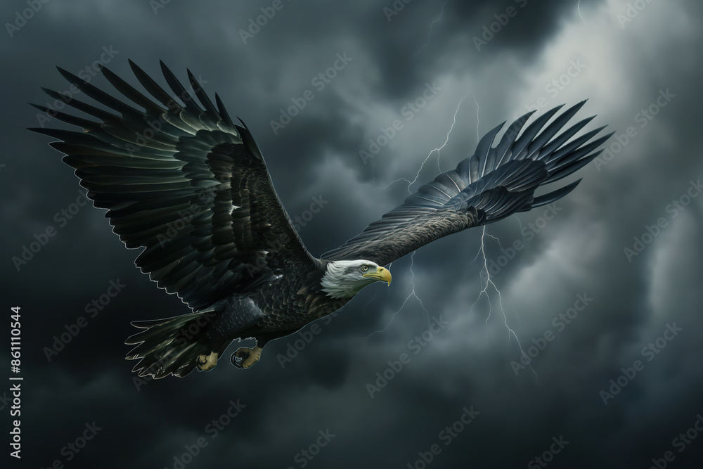 Obraz premium Majestic bald eagle flying in a dramatic stormy sky