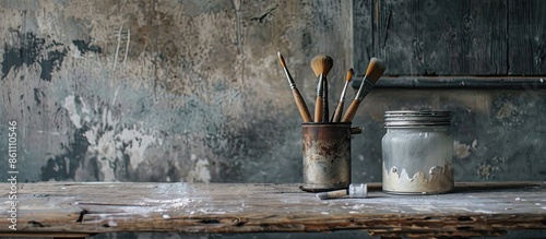 Painting brushes near a metal jar with white paint on a wooden table. Copy space image. Place for adding text and design photo