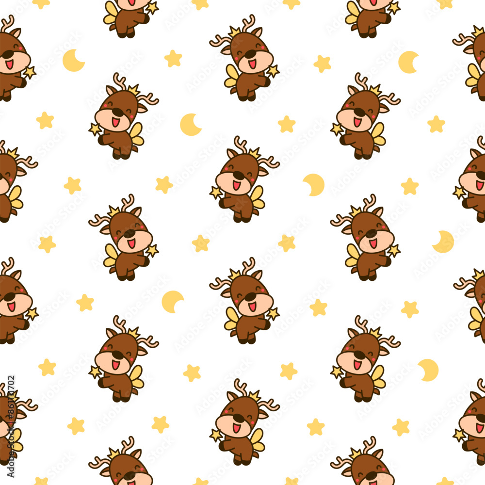 Cute kawaii deer character. Seamless pattern. Cartoon funny wild animal. Funny moose. Hand drawn style. Vector drawing. Design ornaments. Cute kawaii deer character. Seamless pattern. Cartoon funny wild animal. Funny moose. Hand drawn style. Vector drawing. Design ornaments.