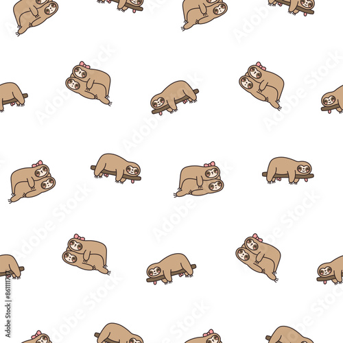 Cute kawaii sloth character. Seamless pattern. Cartoon funny wild animal. Hand drawn style. Vector drawing. Design ornaments.
