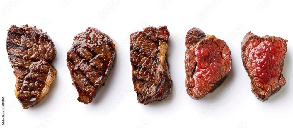 Obraz premium Raw steaks frying degrees: rare, blue, medium, medium rare, medium well, well done isolated on white background with clipping path. Copy space image. Place for adding text and design