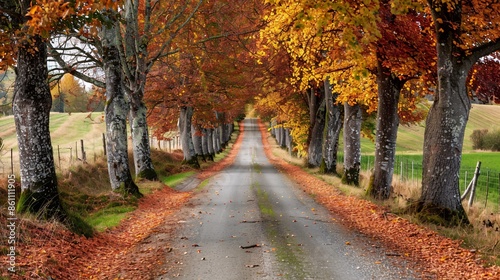 A quiet country road lined with autumn trees
