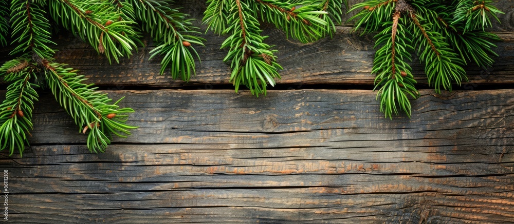 green pine branches on a wooden rustic table. Copy space image. Place for adding text and design green pine branches on a wooden rustic table. Copy space image. Place for adding text and design